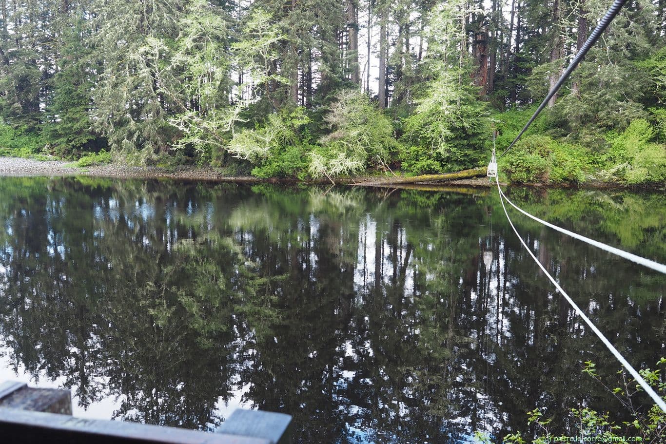 Passage en tyrolienne pour aller sur l'autre rive de la rivière Klanawa
