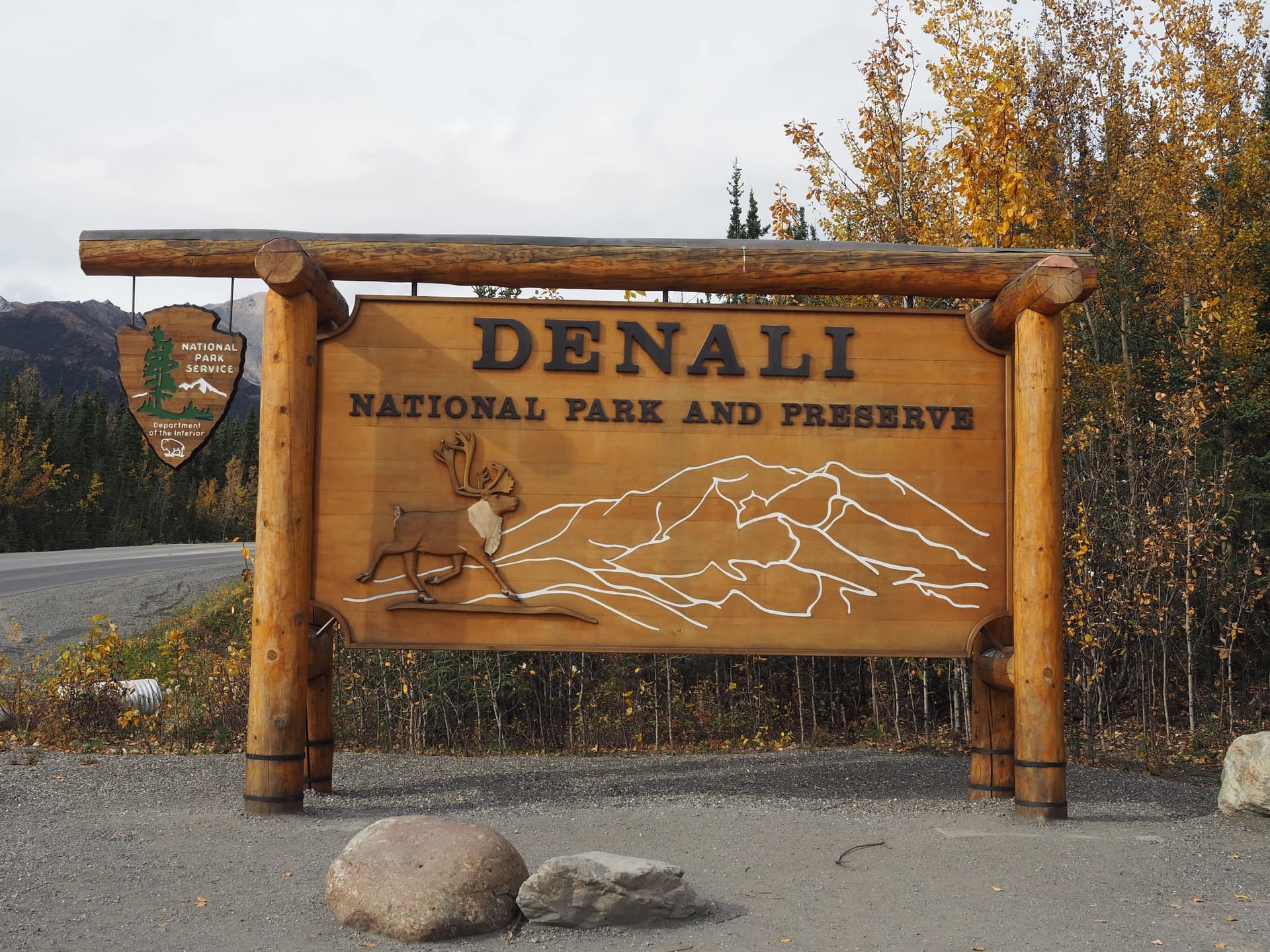 The sign at the entrance to Denali National Park and Preserve